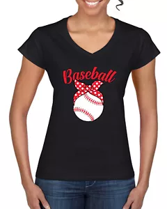 Cute Baseball Mom Ribbon Gift Women Standard V-Neck Tee - Picture 1 of 6