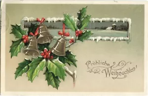 Postal de acuñación FELIZ NAVIDAD paisaje nevado, campanas, muérdago 1910 - Imagen 1 de 1