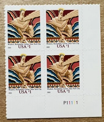 US Scott 3766 $1.00 2003 Wisdom Rockefeller Center Plate Block P11111 VF-MNH - Image 1 of 2