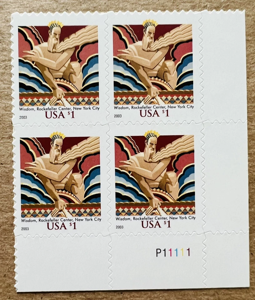 US Scott 3766 $1.00 2003 Wisdom Rockefeller Center Plate Block P11111 VF-MNH - Image 1 of 2