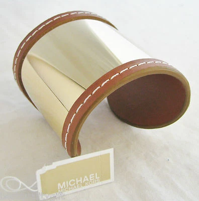 NEW MICHAEL KORS SADDLE,BROWN LEATHER+POLISHED GOLD WIDE CUFF BRACELET MKJ2063 - Image 1 of 3