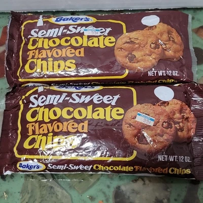 NOS Vtg 1980s Baker's Semi-Sweet Chocolate Flavored Chips Sealed Bag Set Prop - Image 1 of 4