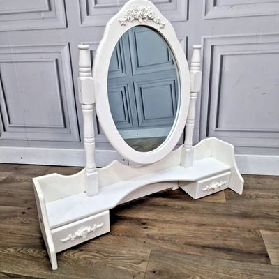 Vintage White Dressing Table Mirror & Drawers – Oval Vanity Tilting - French - Image 1 of 4