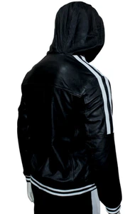 Mens Jacket Black Hoodie Real Leather Bomber style Rib knitted- Medium Size Sale - Picture 1 of 9