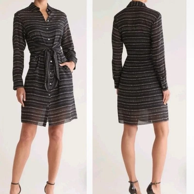 Theory Tie Waist Shirt Dress in Silk Georgette Black & White Size S - Image 1 of 4