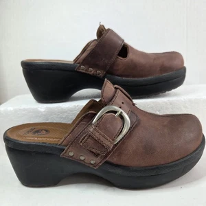 Crocs Leather Shoes Women's 7 Clog Mules Heels Buckle Brown Slip in Comfort - Picture 1 of 14