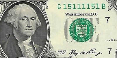 2006 $1 FRN - FANCY SERIAL NUMBER - 2-Digit RADAR Note - G15111151B - ChCU - Image 1 of 3