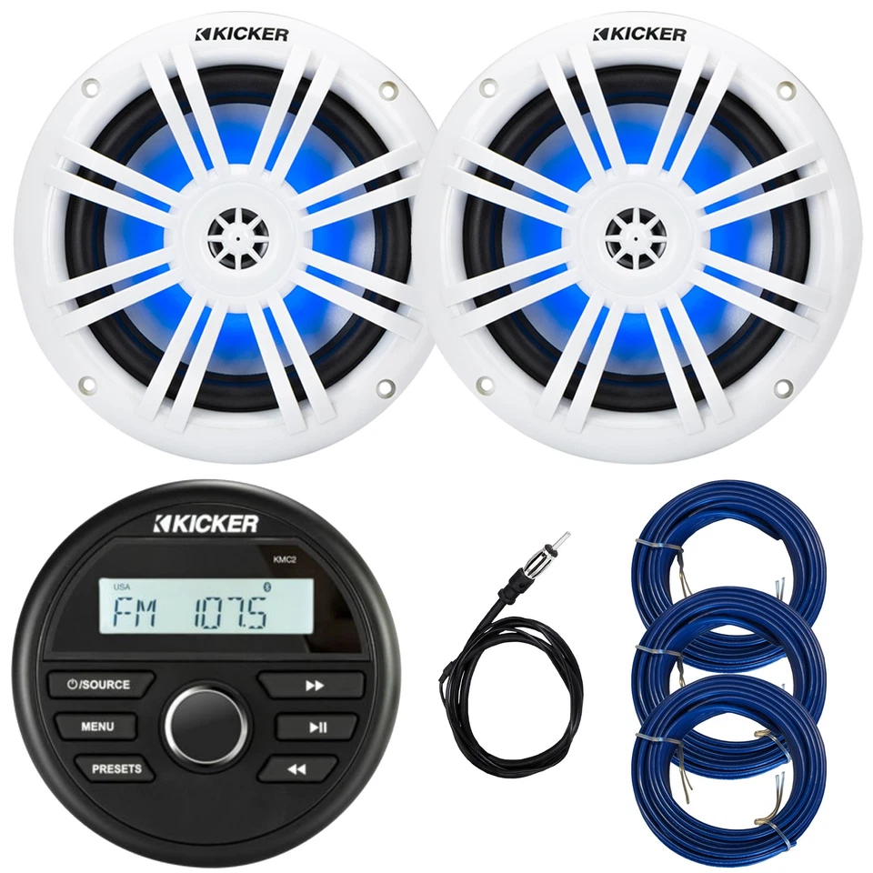 Kicker Boat Bluetooth Gauge Style Receiver, 2x 6.5" 150W Speaker, Antenna, Wire - Image 1 of 4