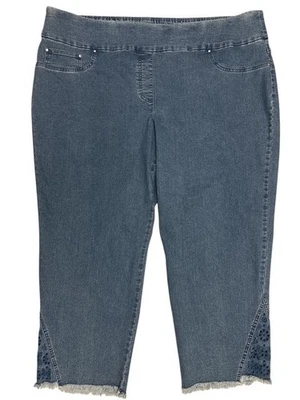 Ruby Rd 24W Jeans Blue Eyelet Hem Slimming Waistband Raw Hem Denim Ankle Pants - Image 1 of 4