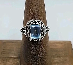 Anillo vintage de filigrana de piedra azul corte esmeralda de plata de ley 925 talla 7 - Imagen 1 de 14
