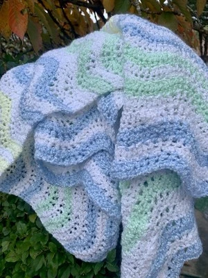 Handmade Crochet Blanket Baby Cot Pram Wrap Pastel Blue Green Yellow White 120cm - image 1 of 3
