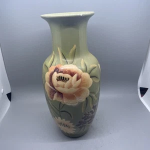 10”Floral Ceramic Vase Hand Painted Green With Pink Flowers - Picture 1 of 10