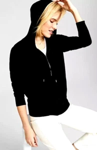 Charter Club Luxury 2 ply 100% Cashmere Black Full Zip Hoodie Sweater Cardigan L - Picture 1 of 7