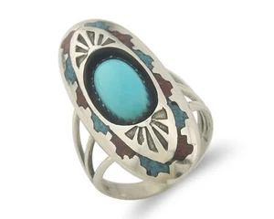 Vintage Navajo Ring 925 Sterling Turquoise & Coral Signed Circle JW Size 6.0 - Picture 1 of 7