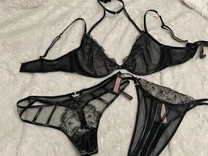 38C VICTORIA'S SECRET Low Cut Demi BRA THONG BRAZILIAN Panty Set MIDNIGHT AFFAIR - Picture 1 of 8