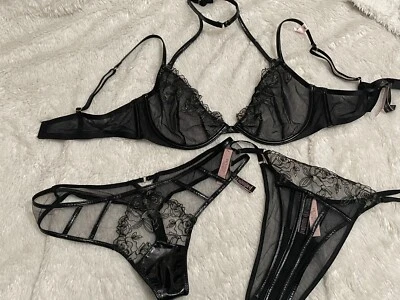 38C VICTORIA'S SECRET Low Cut Demi BRA THONG BRAZILIAN Panty Set MIDNIGHT AFFAIR - Image 1 of 4