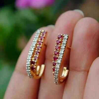 2Ct Round Created Red Ruby & Diamond Huggie Hoop Earrings 14K Yellow Gold Plated - Image 1 of 4