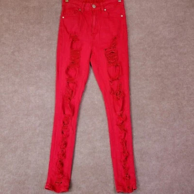 Pantalones de mezclilla VIP para mujer 1/2 rojos ajustados desgastados con flecos rasgados retro 28x29 Foto 1 de 4