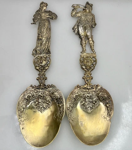 Huge Pair 1895 Gilt Sterling Silver Very Ornate Spoons - 87580 Cover
