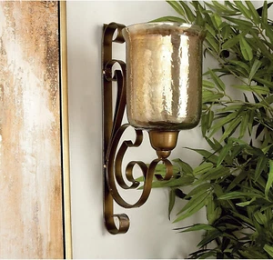 Bronze Metal and Glass Wall Candle Sconce Clear Gold Iron - Picture 1 of 3