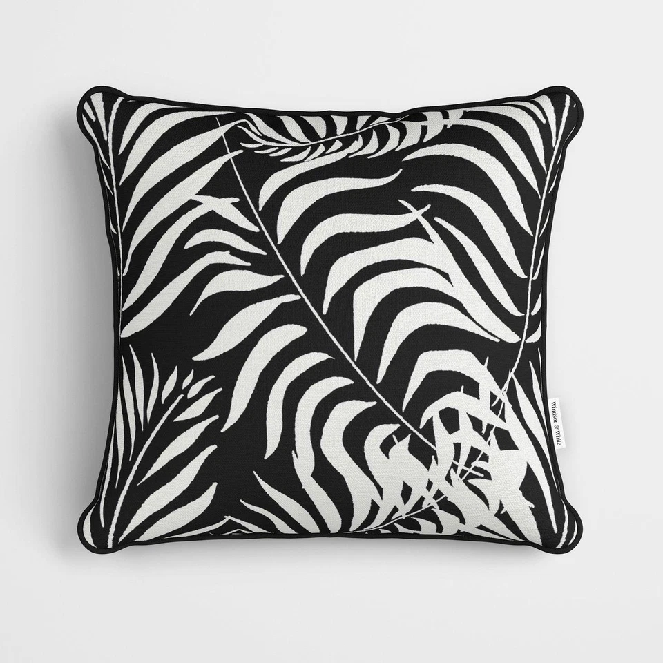 Black White Velvet Palm Leaves Cushion Piped Edges 55cm Square UK Made Tropical - Image 1 of 1