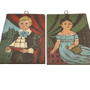 2 Primitive Paintings on Wood 15” x 12” anout an inch thick, rare! - Picture 1 of 8