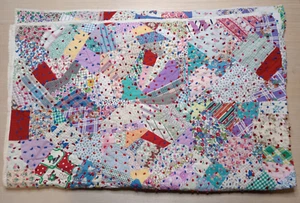Vintage Patchwork Quilt w/ Pom Poms 1950's 88" x 56" w/ Flowers Twin - Picture 1 of 4