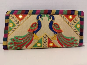 East Indian Handmade Multicolor Peacock Women's Wallet 9.5x4.5 - Picture 1 of 5