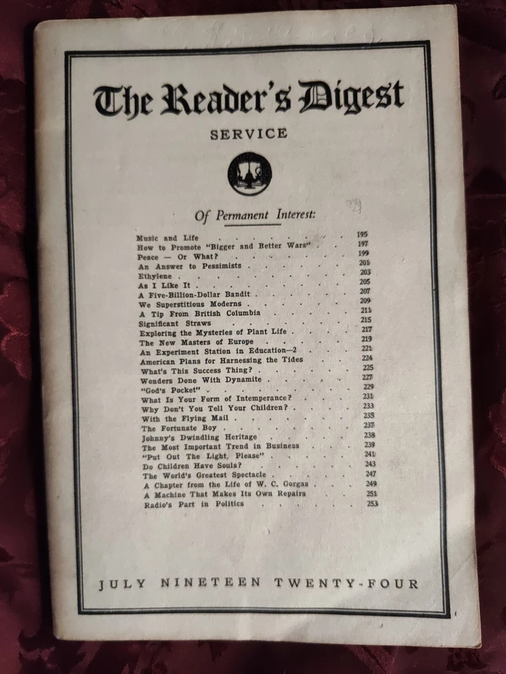 RARE Reader's Digest July 1924 Fritz Kreisler Hilaire Belloc Herbert Hoover  - Image 1 of 1