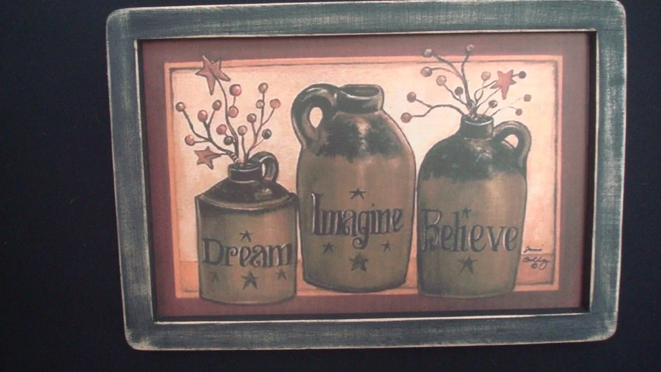 Primitive Country Print **3--CROCKS** with  black frame  8 " x 12" - Image 1 of 1