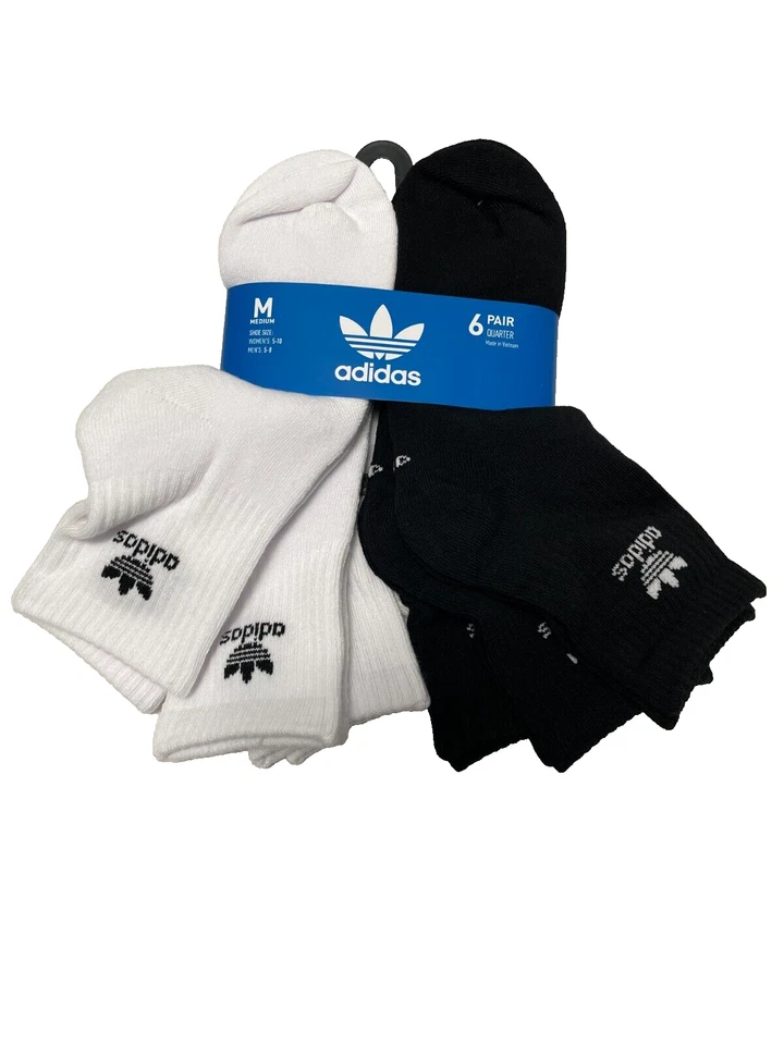 Adidas Originals Trefoil Quarter Socks Men Women 6 Pairs Black White Size Medium
