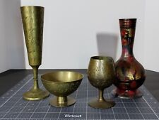 Vintage Decorama India Brass Lot w/ Etched Floral Pattern and painted, Goblet