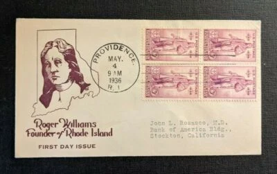 1936 Rhode Island Tercentenary FDC 777 50b Cover to Stockton California - Image 1 of 2