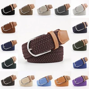 Herren Gürtel elastisch Stretch Bund gewebtes Design Lederspitze silberne Schnalle NEU - Bild 1 von 25