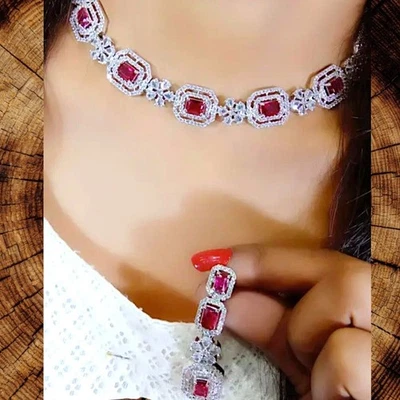 Set da sposa indiano Bollywood orecchini gioielli placcati argento zirconi... - Immagine 1 di 4