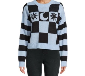 No Boundaries Blue Black Checkered Moon & Stars Crewneck Sweater Size Jr Small - Picture 1 of 7