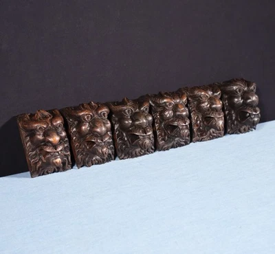 Set of Six 4" Tall Antique Highly Carved Lions/Gargoyles/Faces Solid Pine Wood - Image 1 of 4