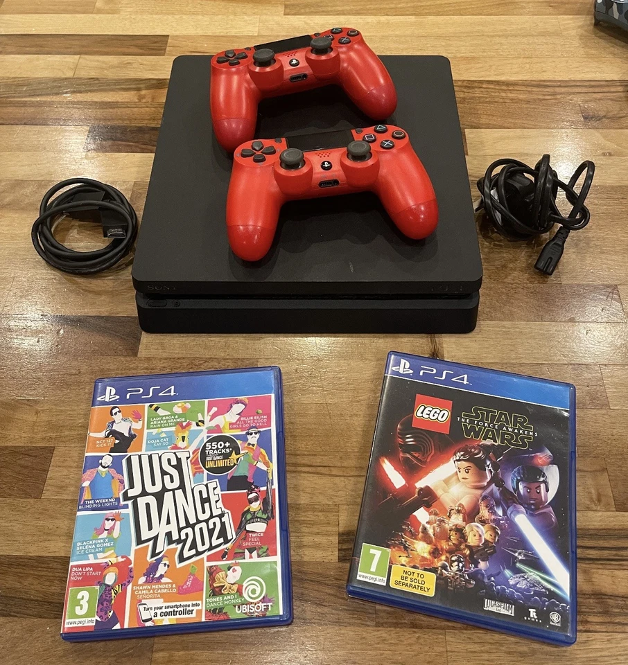 Sony PlayStation 4 Slim Black 500GB With Red Controllers, Games And Wires - image 1 of 1