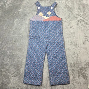 Vintage Thomas Overalls Girls 4 Blue Quilted Farm Country Floral Romper 80s - Picture 1 of 6
