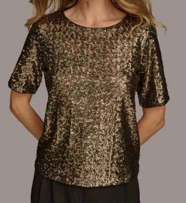 Top Donna Karan New York para mujer dorado manga corta lentejuelas talla L Foto 1 de 3