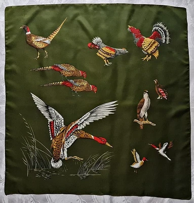 SCARF VINTAGE AUTHENTIC  ANIMAL ART WILD BIRDS GREEN RED BROWN SILK 30''SQUARE - Image 1 of 4