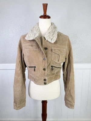 Joujou Cropped Leather Jacket Y2K Fits Sz M Tan Faux Fur Collar Bratz Suede - Image 1 of 4