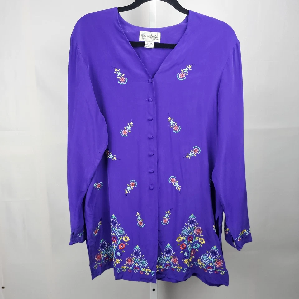 Top vintage de seda Diane Von Furstenberg para mujer talla mediana púrpura bordado floral  Foto 1 de 4