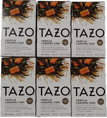 6x Tazo Vainilla Caramelo Chai Té Negro 20 Bolsas Cada Canela 1.8 OZ Cada nuevo Foto 1 de 4