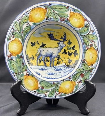 "Cuenco decorativo vintage hecho a mano de 8"" Vietri Italia colgante de pared limones ciervo excelente" Foto 1 de 4