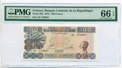 Billete de 100 francos de Guinea 2012 gema sin circular 66 EPQ PMG Foto 1 de 4
