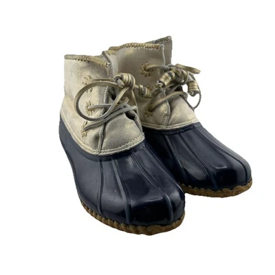 Jack Rogers Women's Chloe Gold Metallic Leather Navy Duck Rain Boots Size 10 - Image 1 of 4