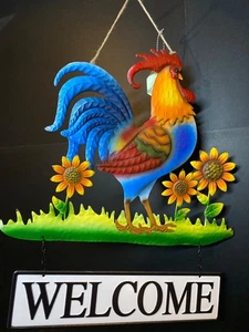 Insegna di benvenuto porta decorazione parete gallo metallo 3D pollo girasoli fattoria NUOVO - Foto 1 di 14
