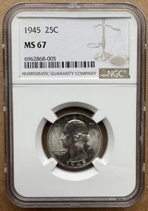 1945 25C NGC MS 67 1945 WASHINGTON QUARTER SILVER 25c SUPERB GEM QUALITY - Picture 1 of 2