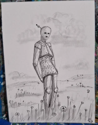 Woman Robot Daisy #4047 Field Flowers ACEO ORIGINAL OOAK Graphite Jmg - Image 1 of 3